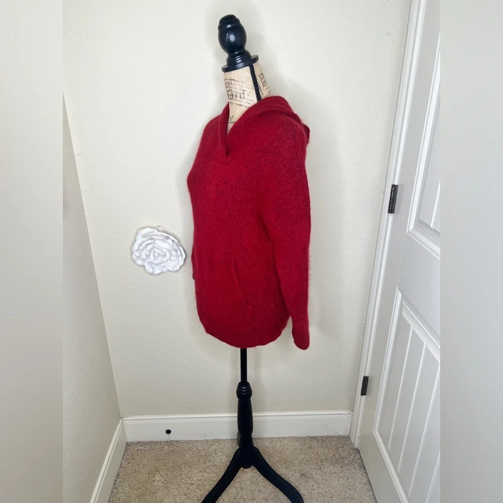 Vince Italy Wool Alpaca Blend Fuzzy Hooded Sweater Cherry Red Oversized XS